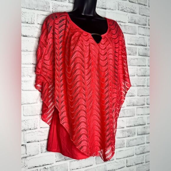 Covington Coral Red Sheer Poncho Women's Top - Picture 4 of 7